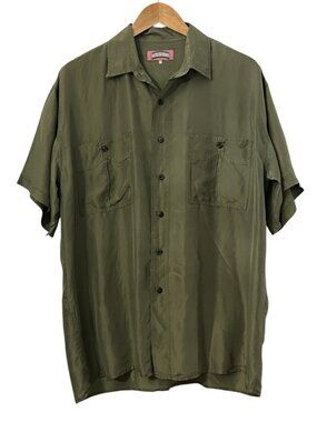 Vintage Claro Silk Shirt Mens XL Olive Green Camp Casual Button Up 90s